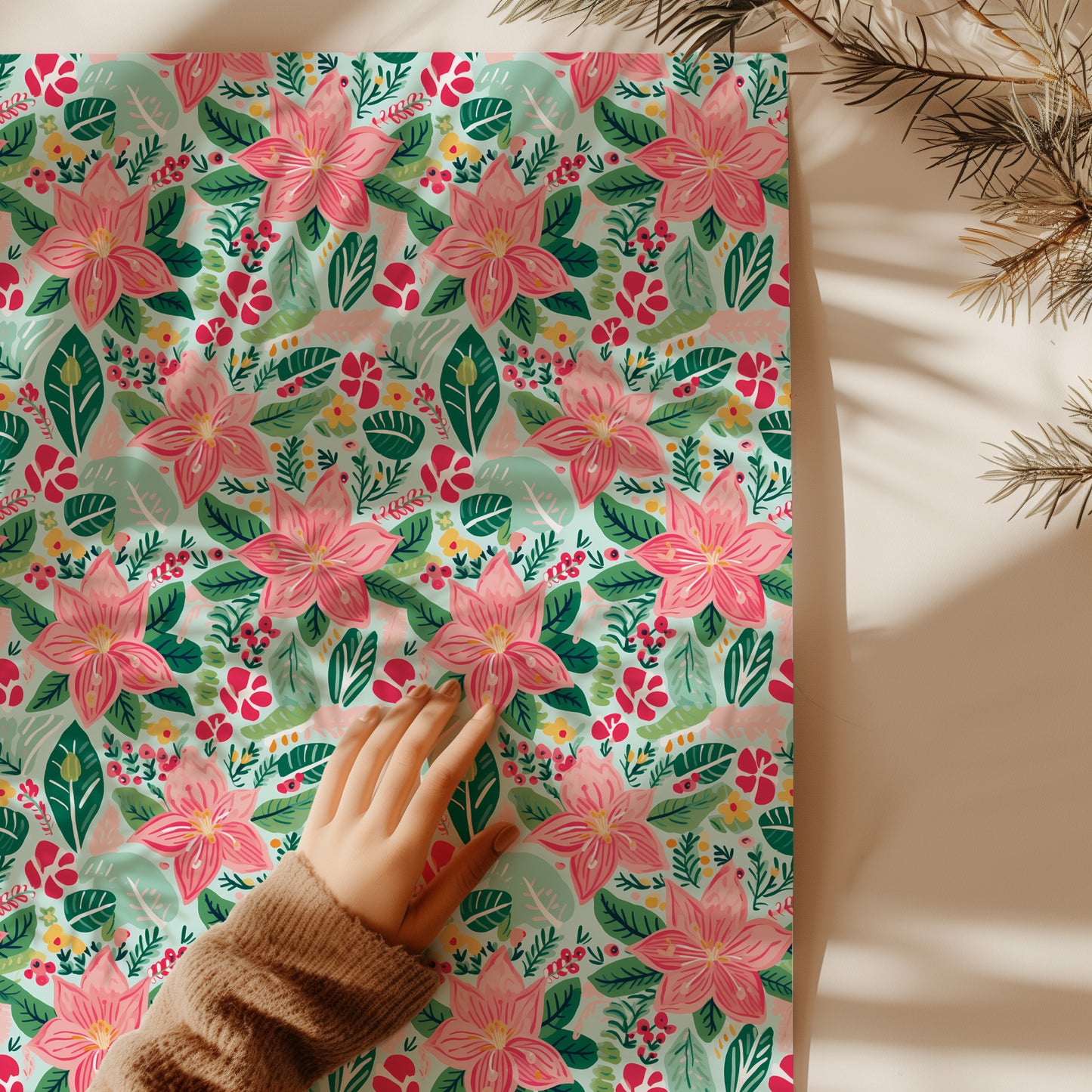 Pink and Green Poinsettia Cozy Christmas Gift Wrapping Paper Sheets