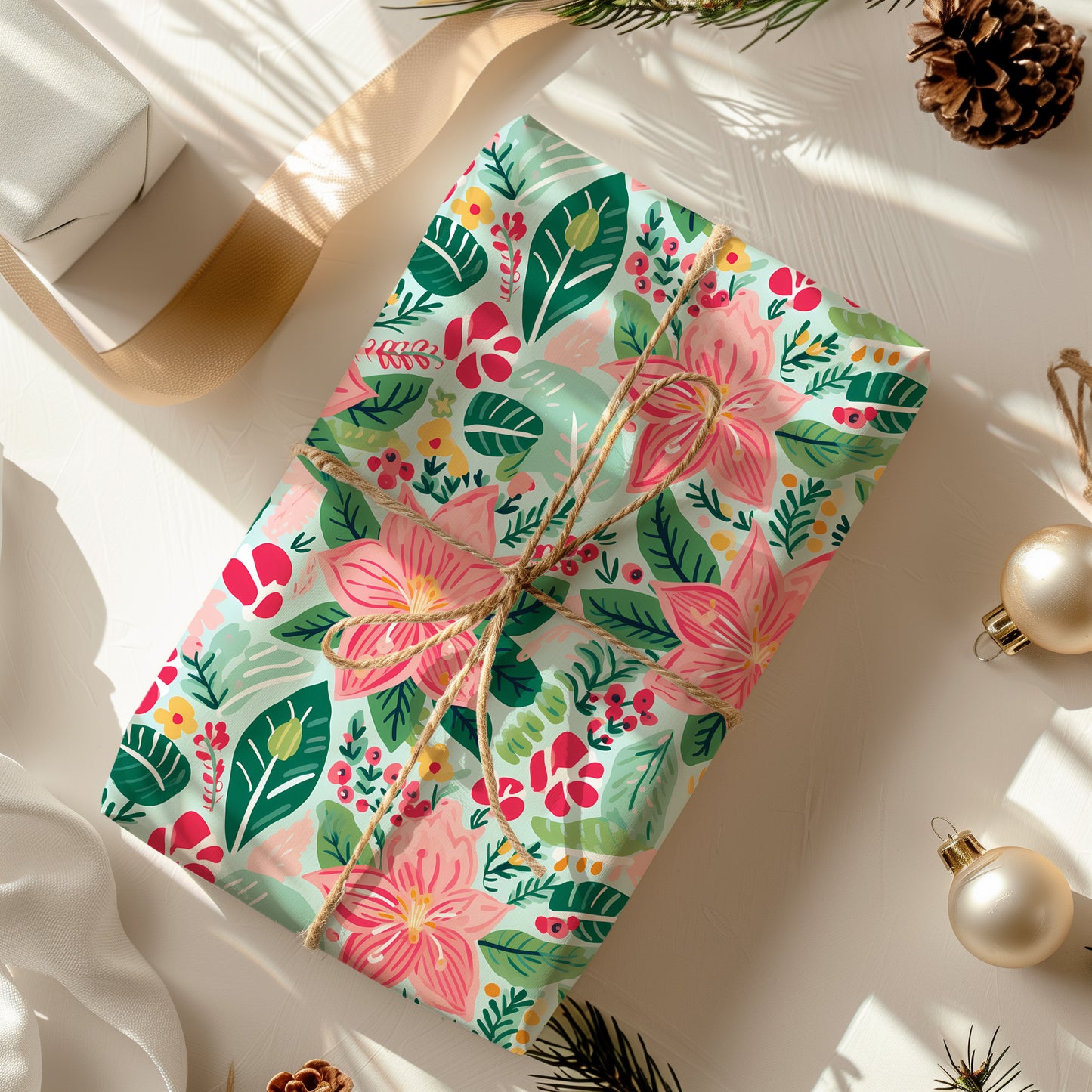 Pink and Green Poinsettia Cozy Christmas Gift Wrapping Paper Sheets