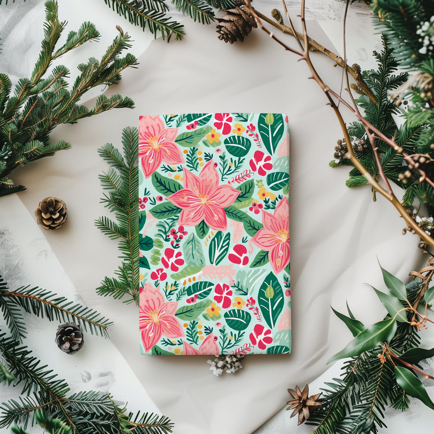 Pink and Green Poinsettia Cozy Christmas Gift Wrapping Paper Sheets