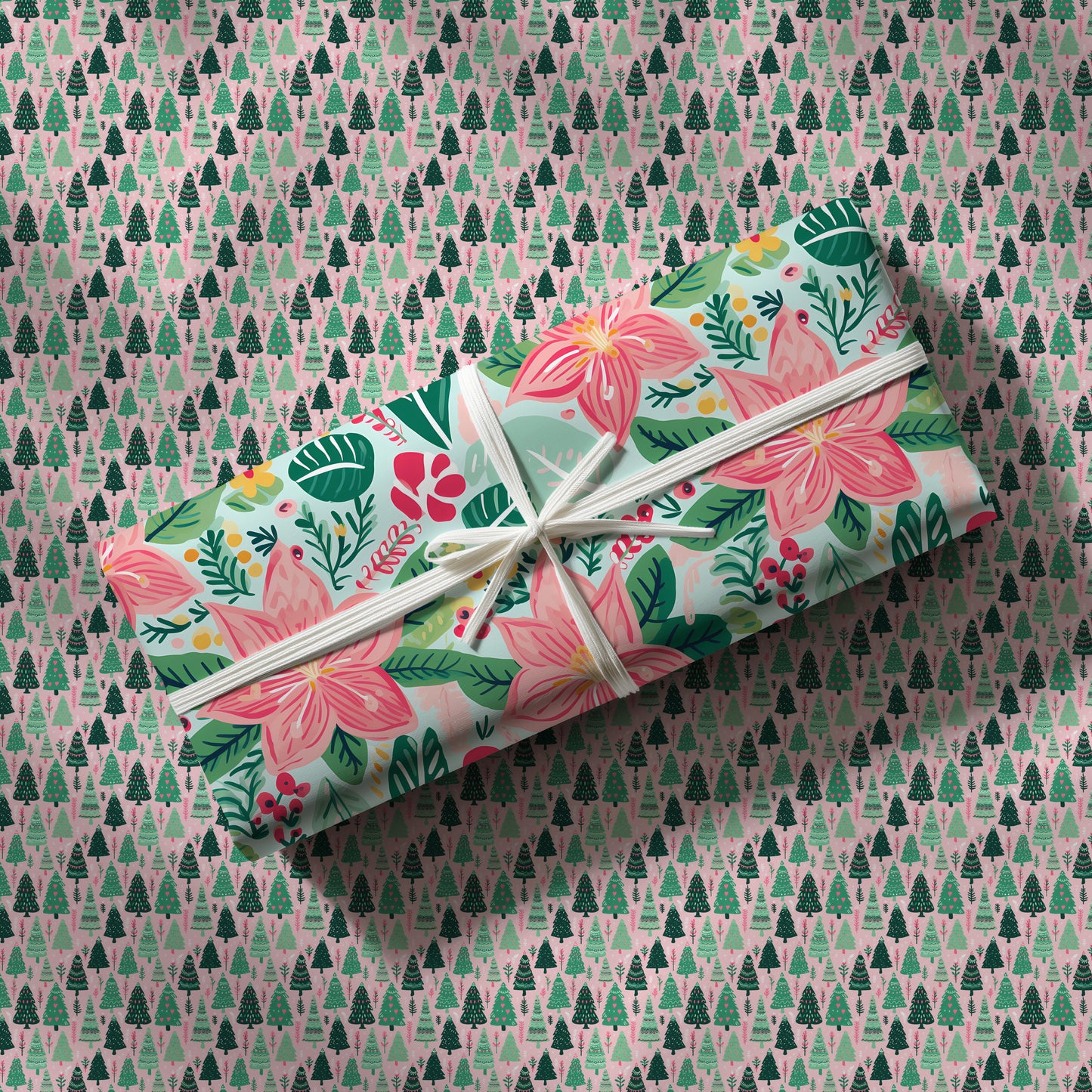 Pink and Green Poinsettia Cozy Christmas Gift Wrapping Paper Sheets