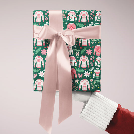 Cozy Christmas Pink, Red and Green Ugly Christmas Sweater Holiday Gift Wrapping Paper Sheets