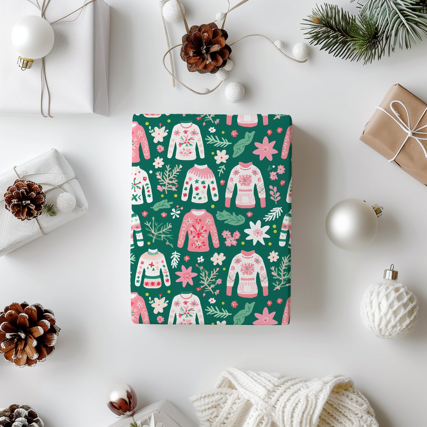 Cozy Christmas Pink, Red and Green Ugly Christmas Sweater Holiday Gift Wrapping Paper Sheets