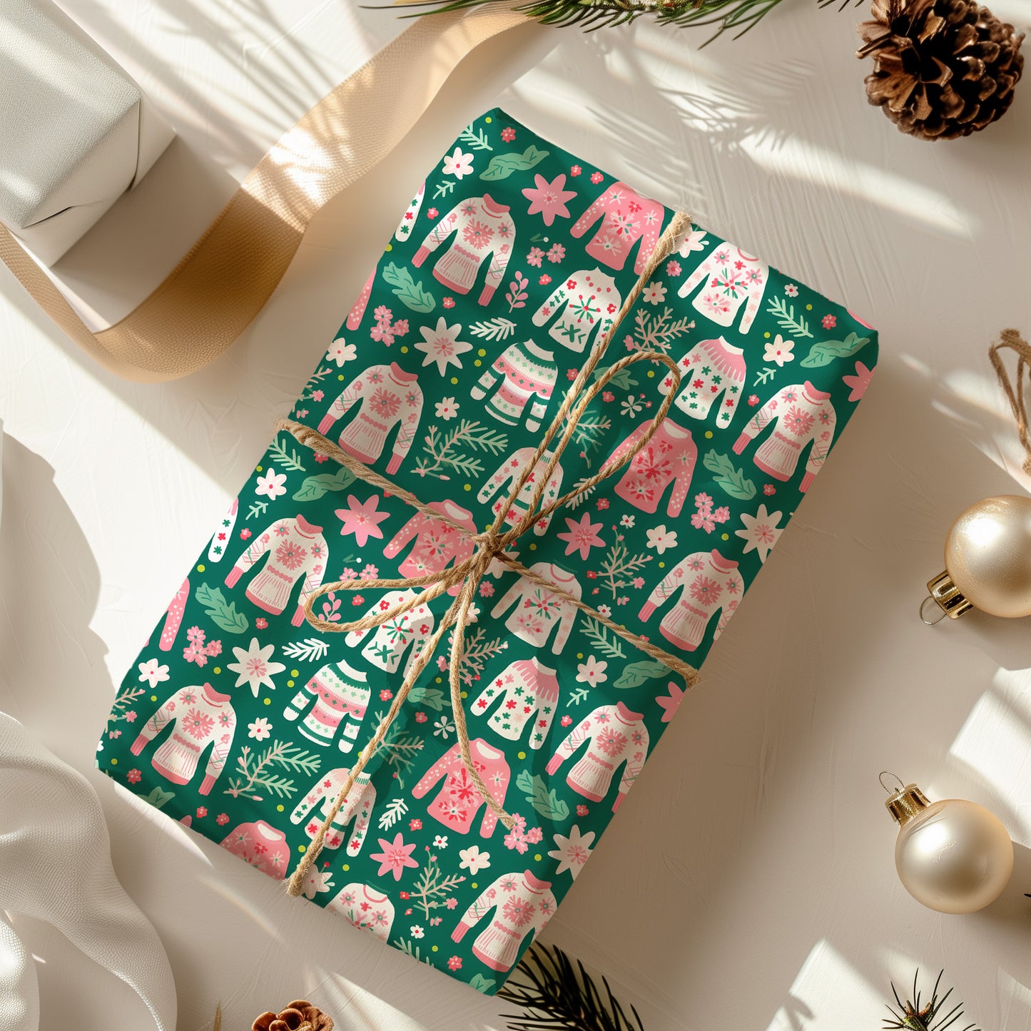 Cozy Christmas Pink, Red and Green Ugly Christmas Sweater Holiday Gift Wrapping Paper Sheets