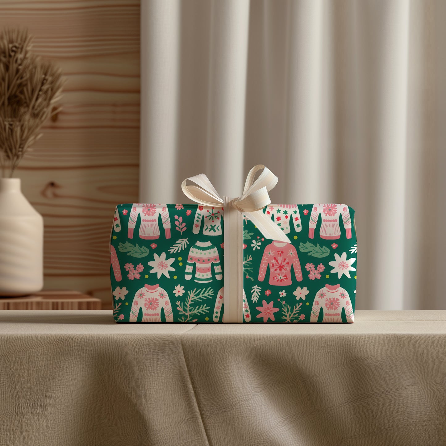 Cozy Christmas Pink, Red and Green Ugly Christmas Sweater Holiday Gift Wrapping Paper Sheets