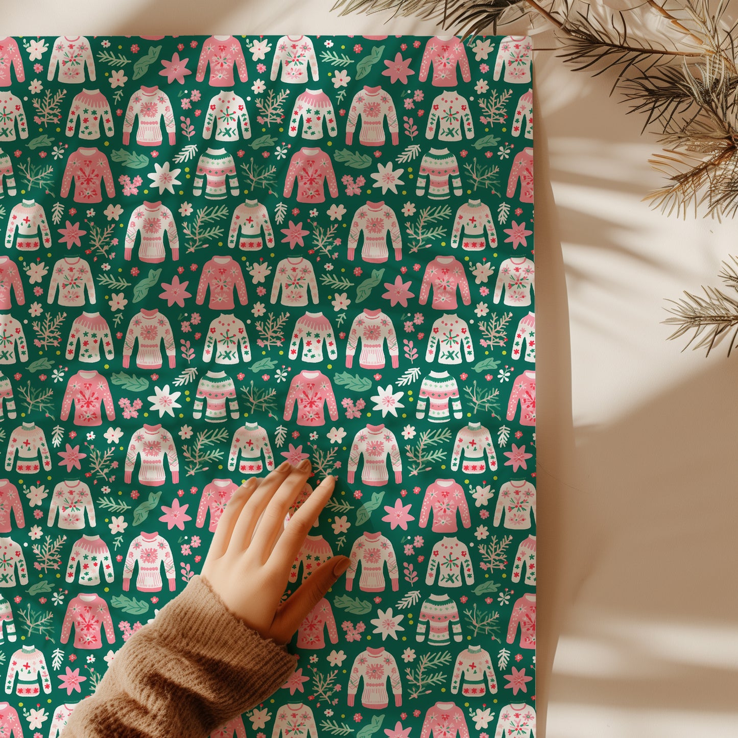 Cozy Christmas Pink, Red and Green Ugly Christmas Sweater Holiday Gift Wrapping Paper Sheets