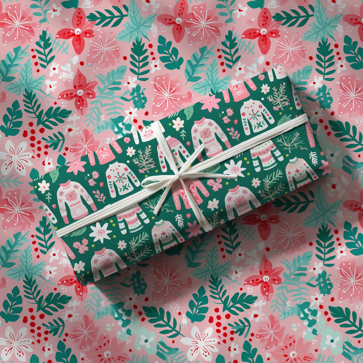 Cozy Christmas Pink, Red and Green Ugly Christmas Sweater Holiday Gift Wrapping Paper Sheets