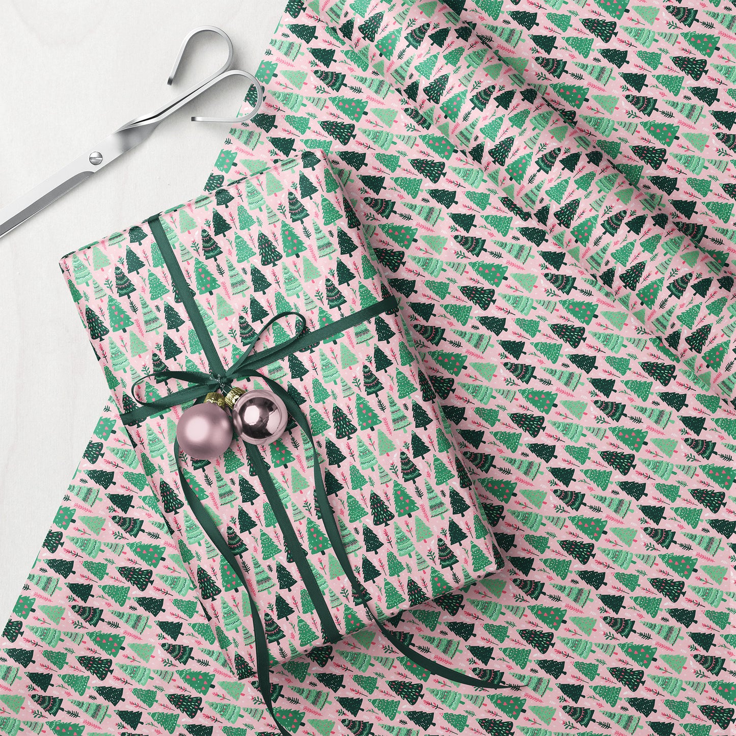 Cozy Christmas Pink, Red and Green Whimsical Christmas Tree Gift Wrapping Paper Sheets