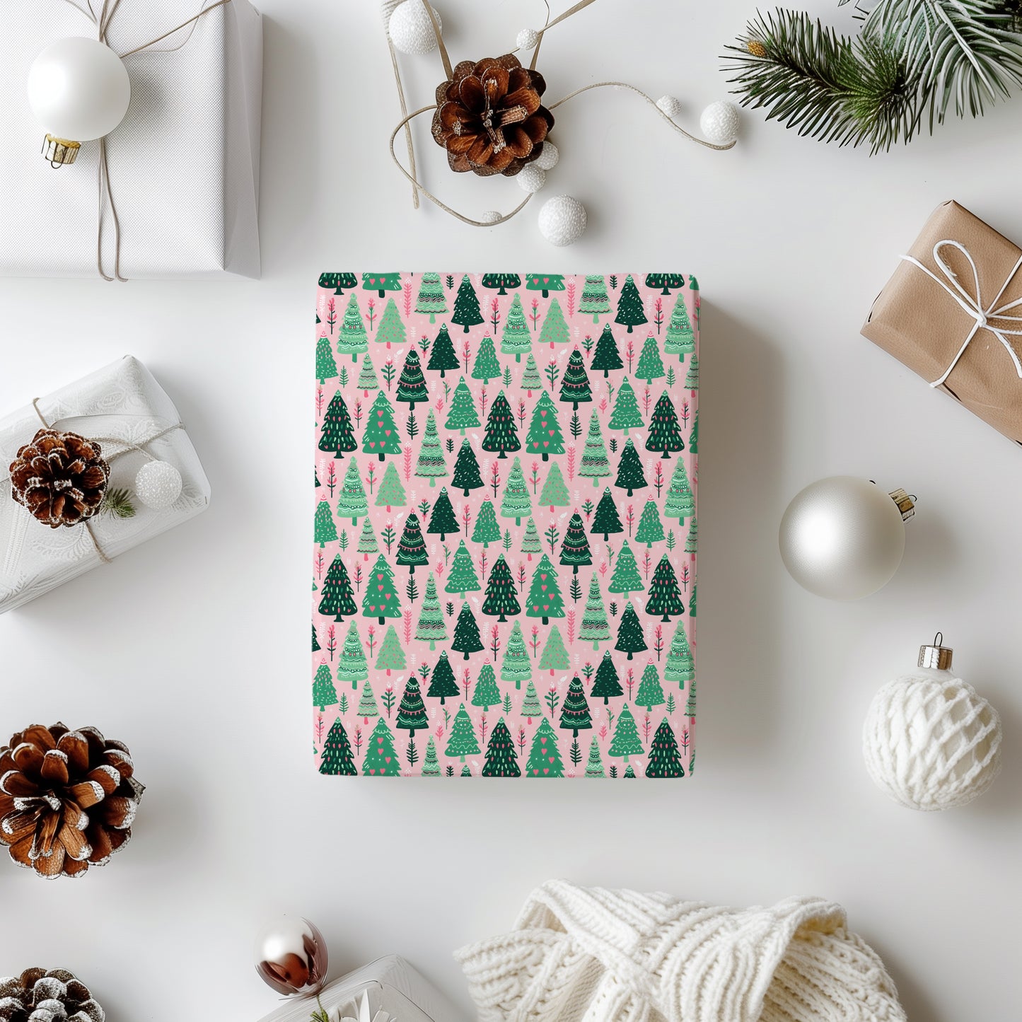 Cozy Christmas Pink, Red and Green Whimsical Christmas Tree Gift Wrapping Paper Sheets
