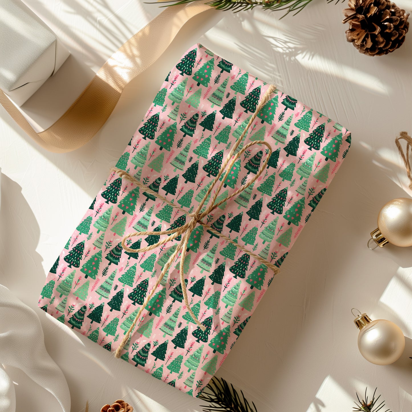 Cozy Christmas Pink, Red and Green Whimsical Christmas Tree Gift Wrapping Paper Sheets