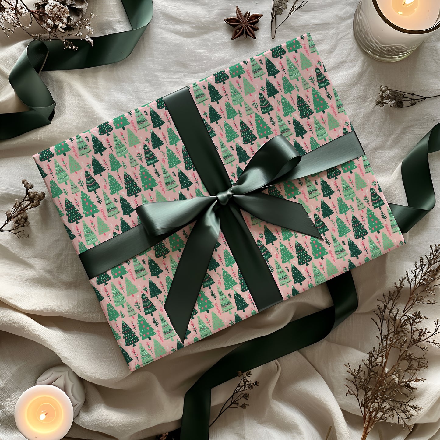 Cozy Christmas Pink, Red and Green Whimsical Christmas Tree Gift Wrapping Paper Sheets