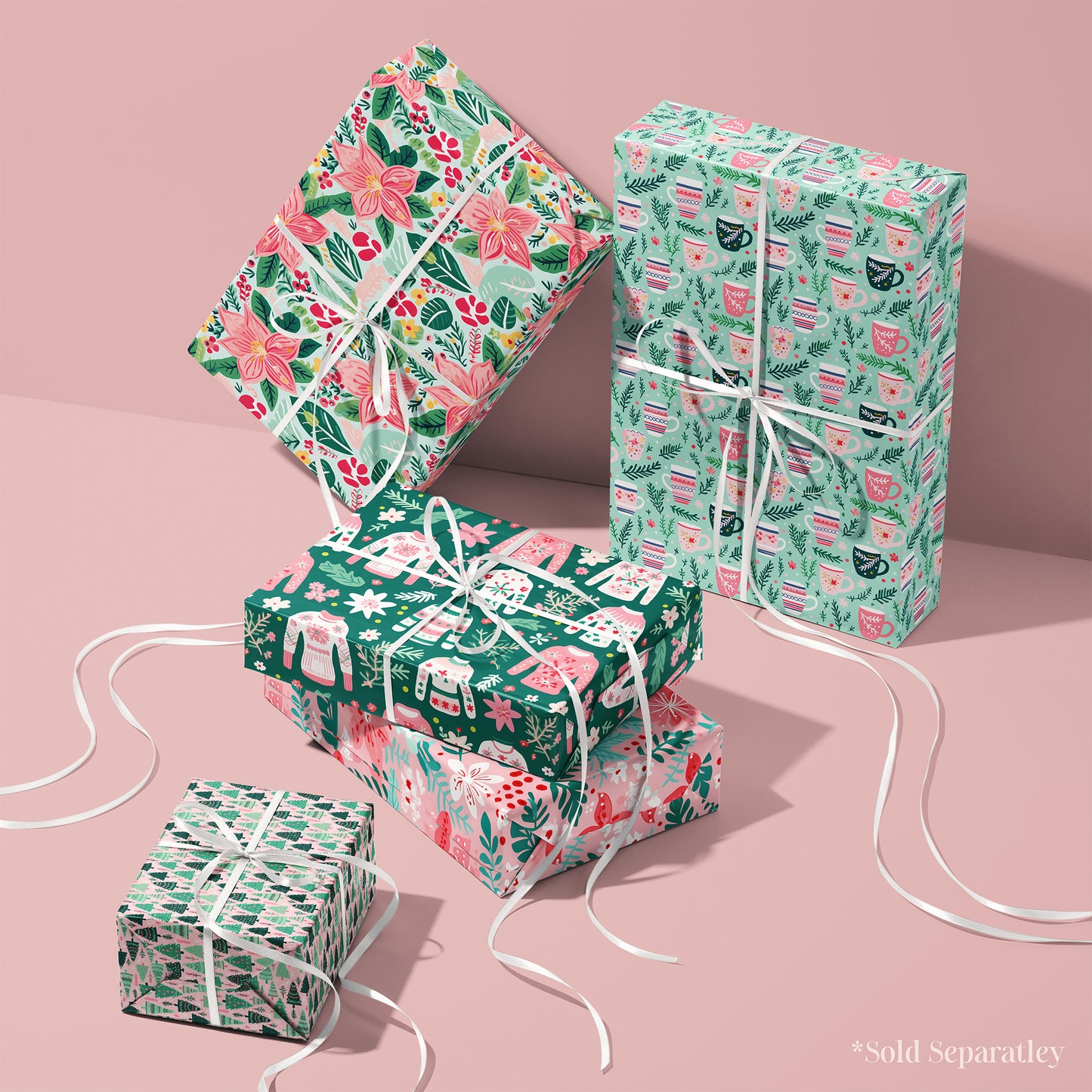 Cozy Christmas Pink, Red and Green Tea Cup - Coffee Mug Gift Wrapping Paper Sheets