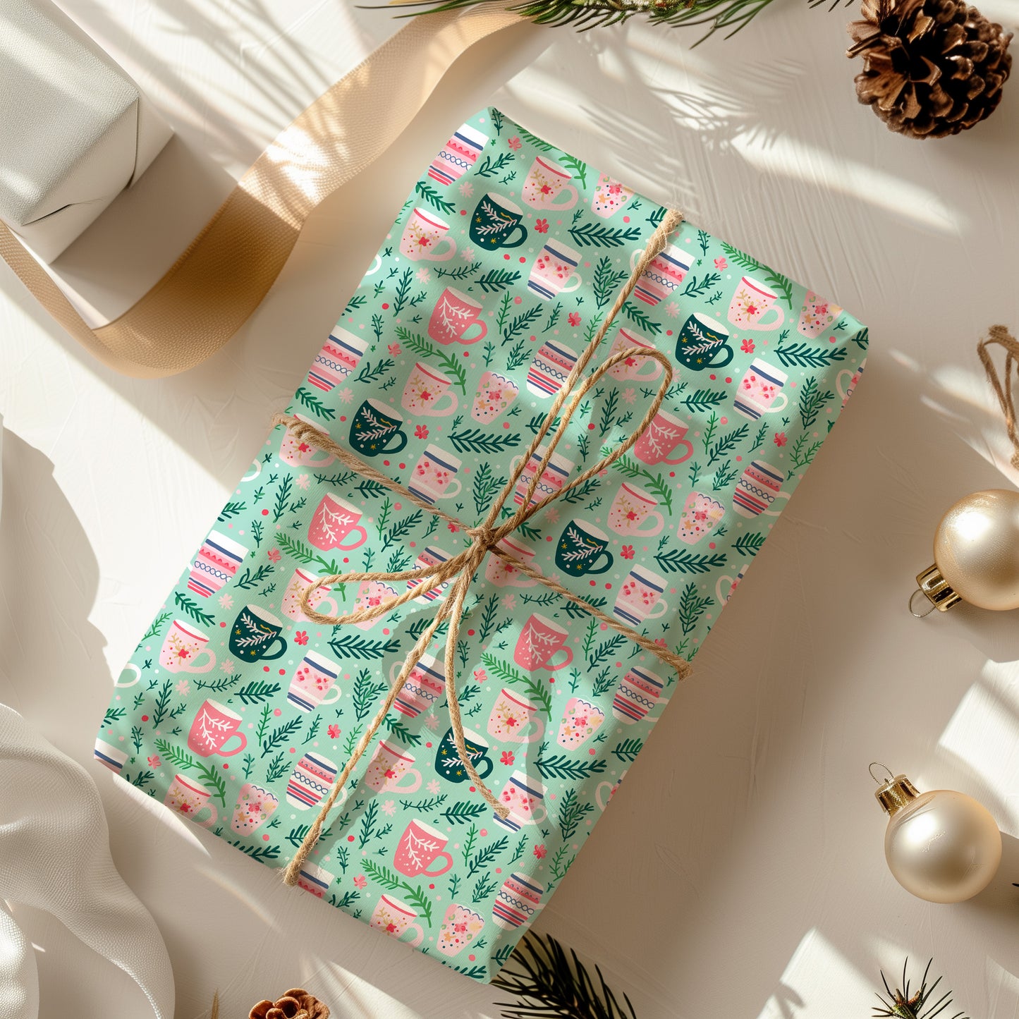 Cozy Christmas Pink, Red and Green Tea Cup - Coffee Mug Gift Wrapping Paper Sheets