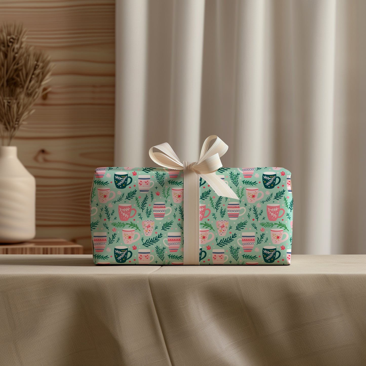 Cozy Christmas Pink, Red and Green Tea Cup - Coffee Mug Gift Wrapping Paper Sheets