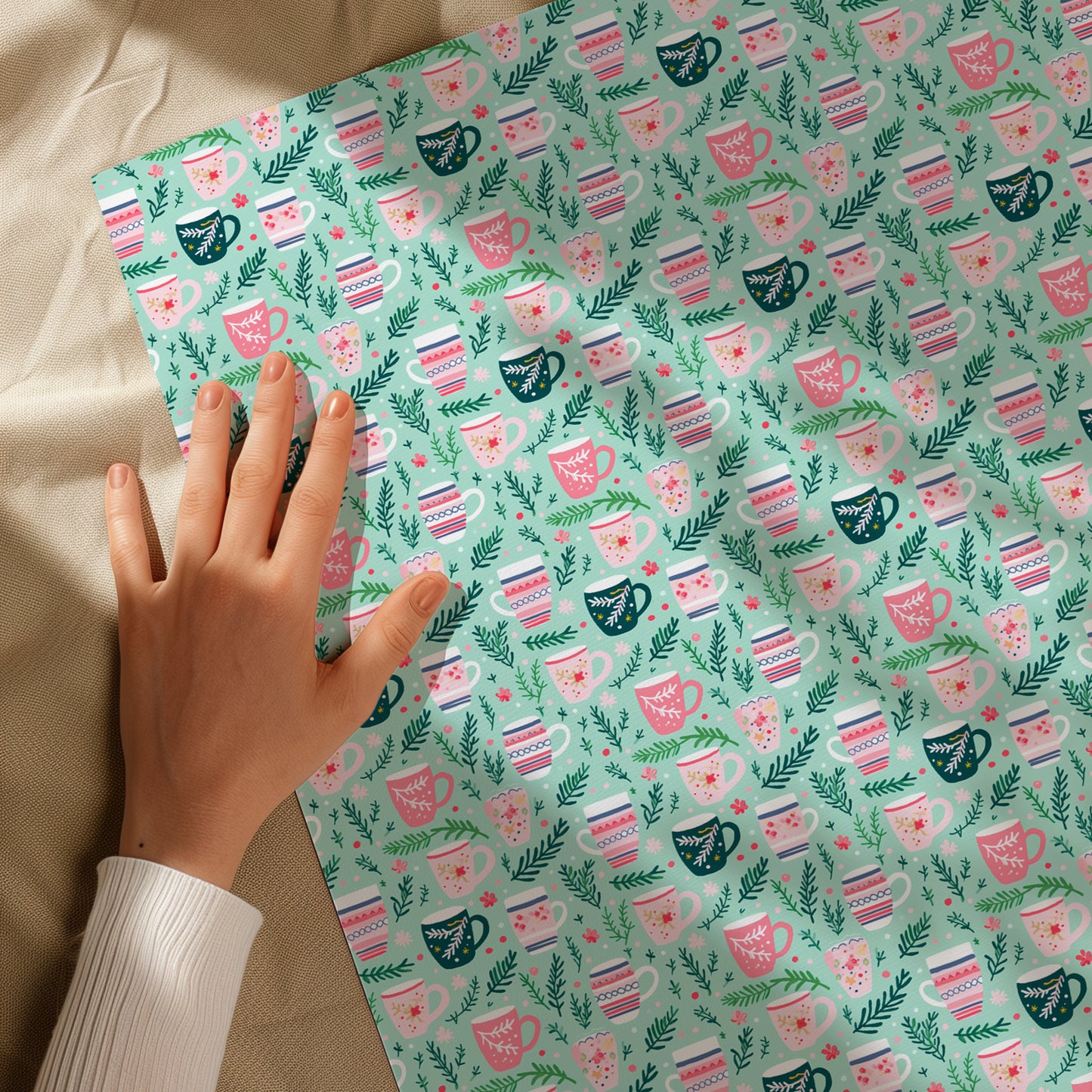 Cozy Christmas Pink, Red and Green Tea Cup - Coffee Mug Gift Wrapping Paper Sheets