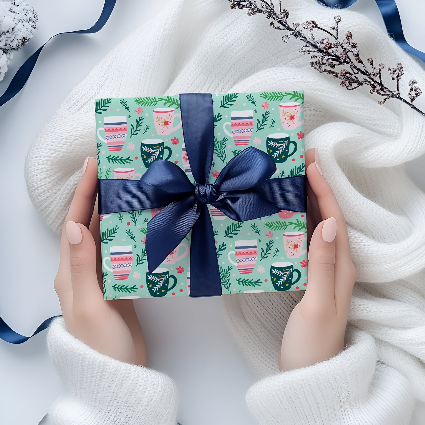 Cozy Christmas Pink, Red and Green Tea Cup - Coffee Mug Gift Wrapping Paper Sheets