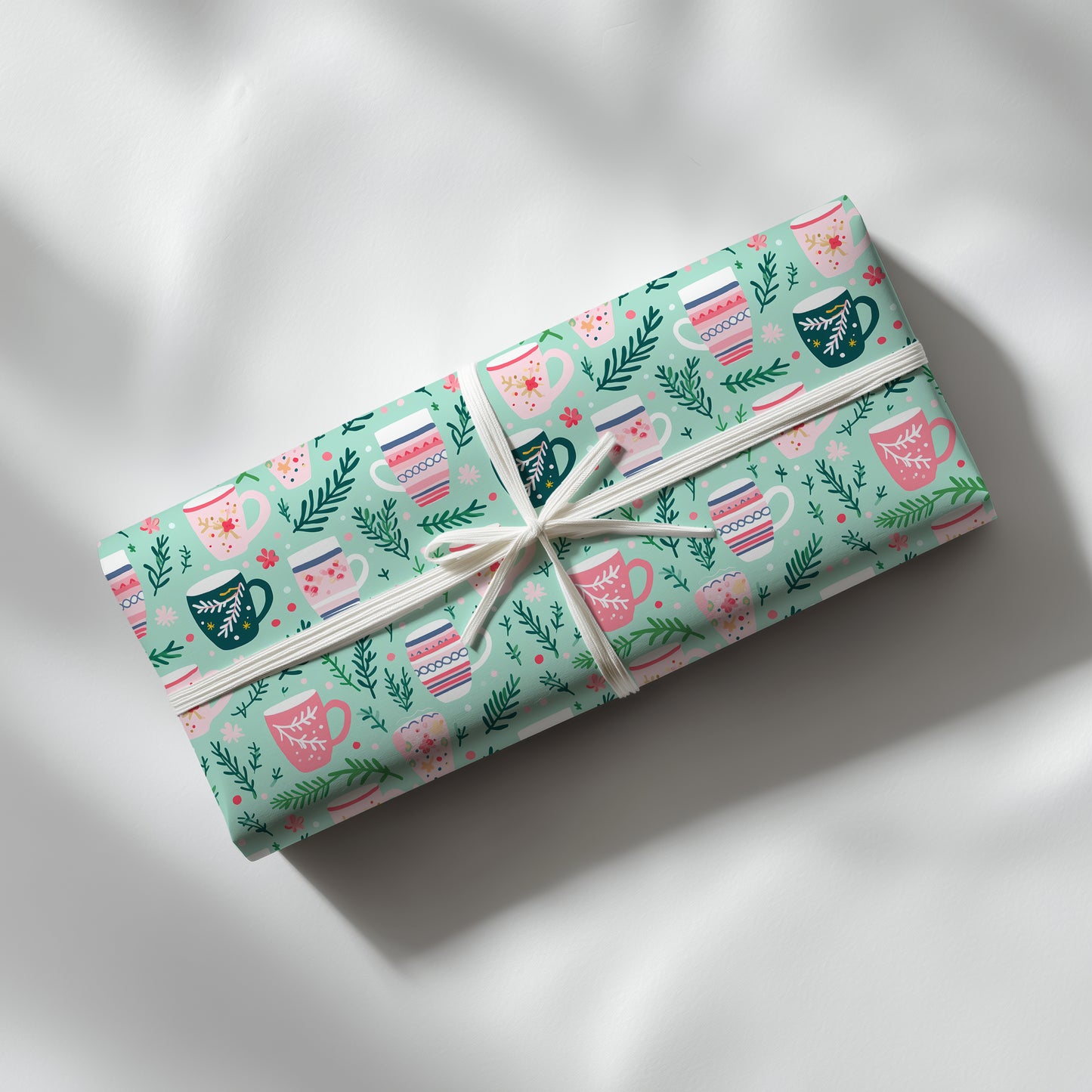 Cozy Christmas Pink, Red and Green Tea Cup - Coffee Mug Gift Wrapping Paper Sheets