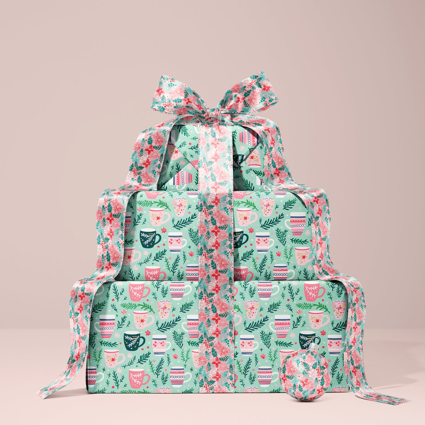 Cozy Christmas Pink, Red and Green Tea Cup - Coffee Mug Gift Wrapping Paper Sheets