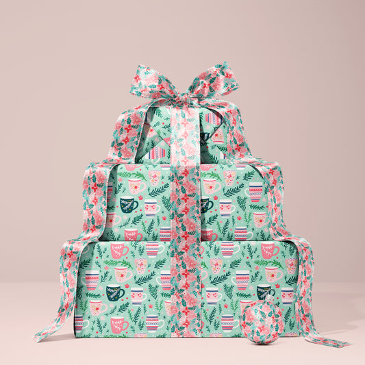 Cozy Christmas Pink, Red and Green Tea Cup - Coffee Mug Gift Wrapping Paper Sheets