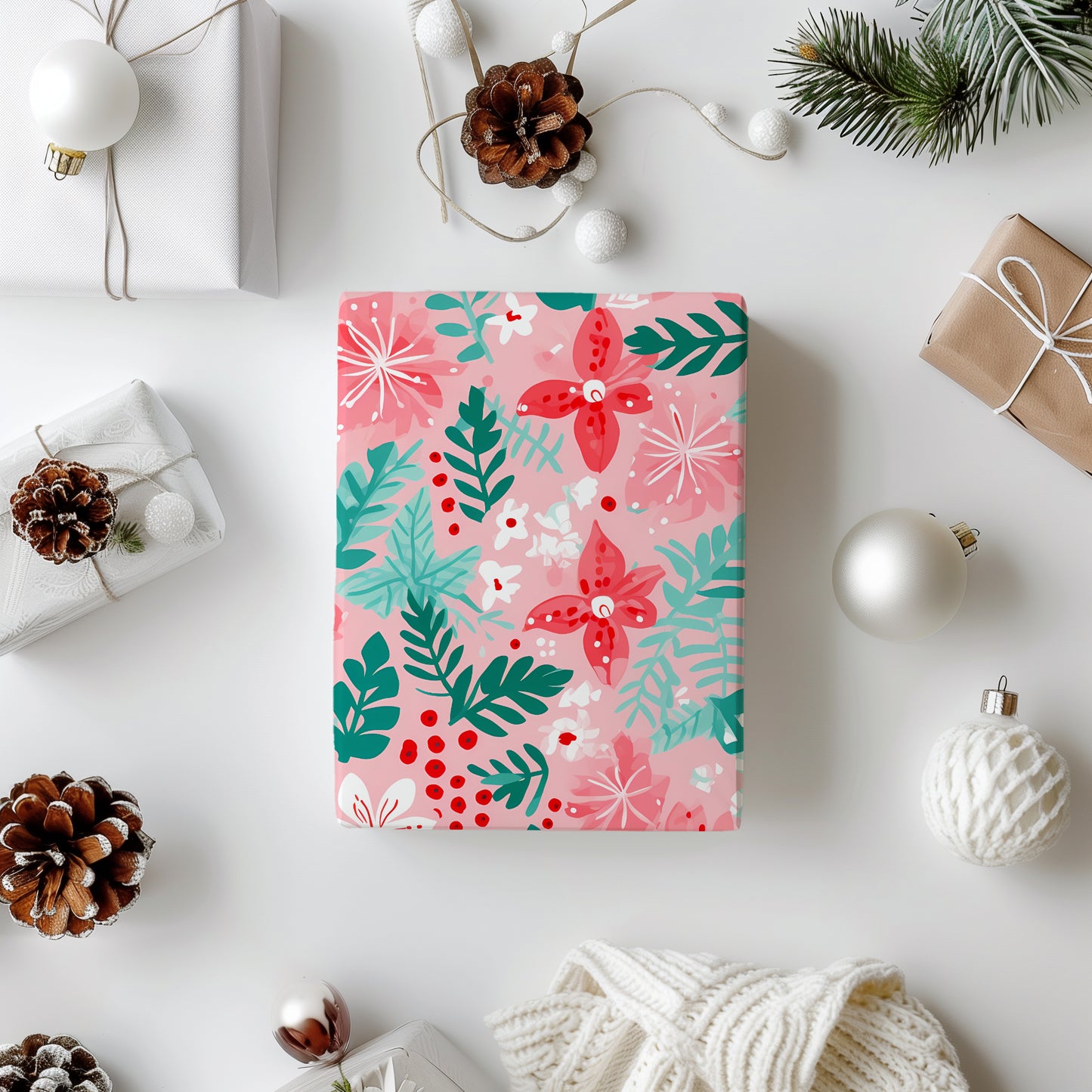 Cozy Christmas Pink, Red and Green Floral Poinsettia and Fir Gift Wrapping Paper Sheets