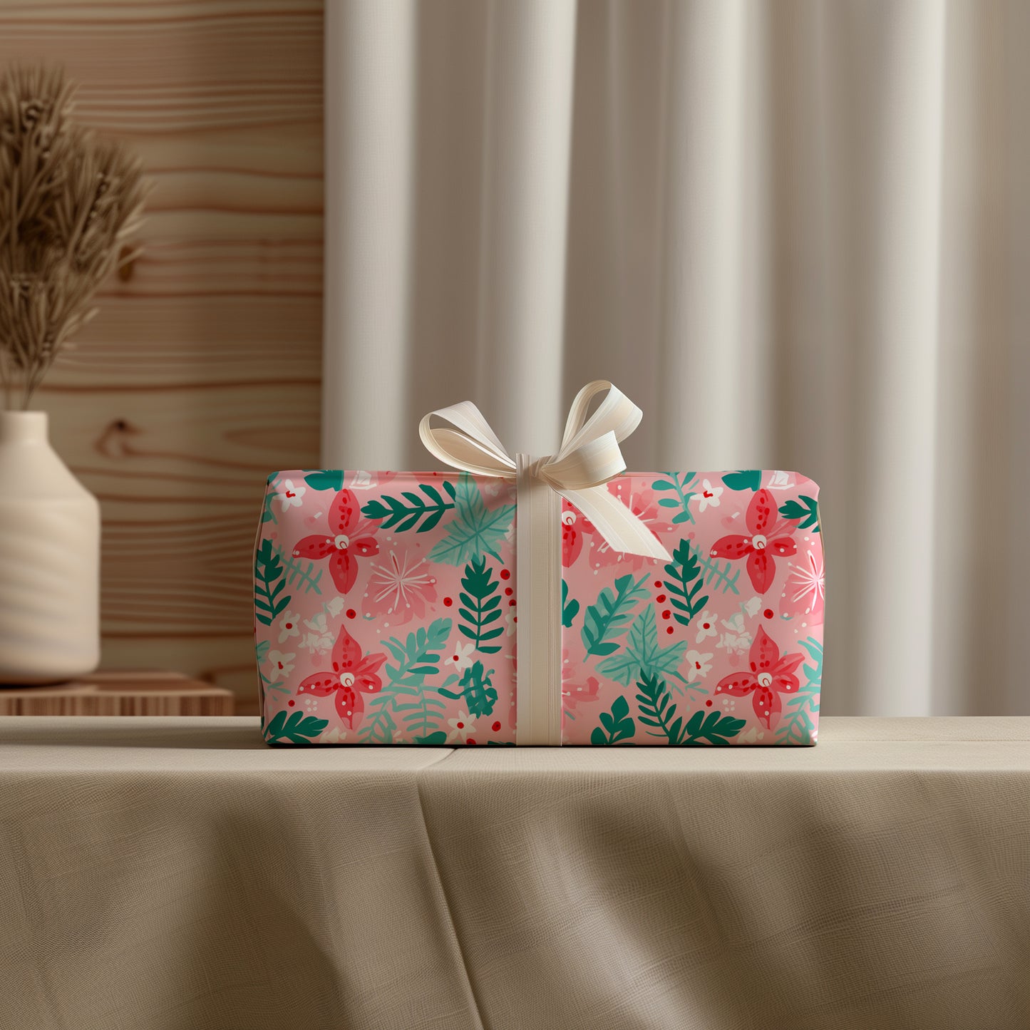 Cozy Christmas Pink, Red and Green Floral Poinsettia and Fir Gift Wrapping Paper Sheets