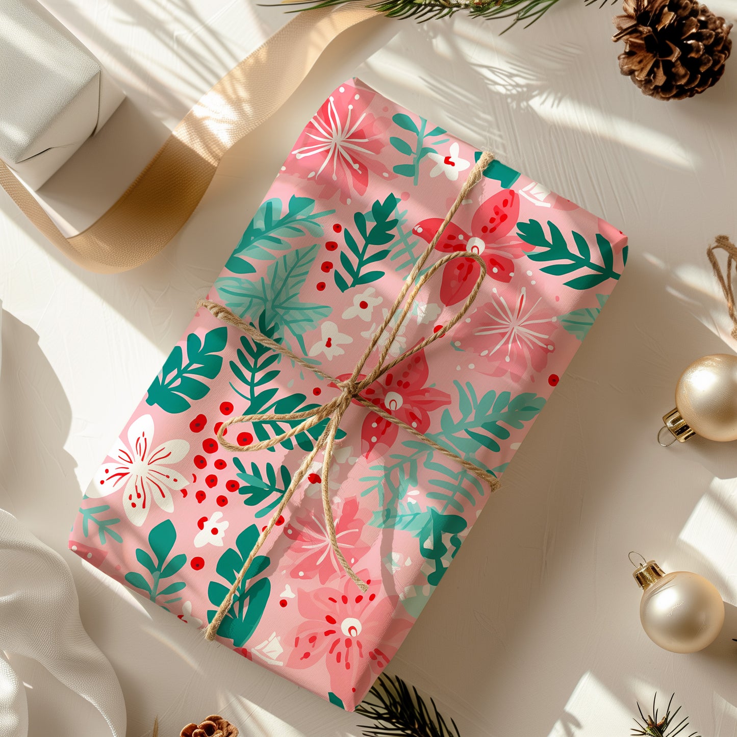 Cozy Christmas Pink, Red and Green Floral Poinsettia and Fir Gift Wrapping Paper Sheets