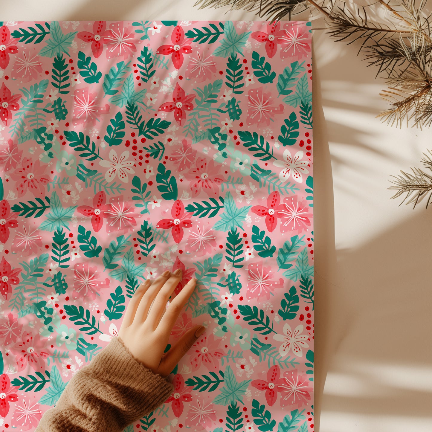 Cozy Christmas Pink, Red and Green Floral Poinsettia and Fir Gift Wrapping Paper Sheets