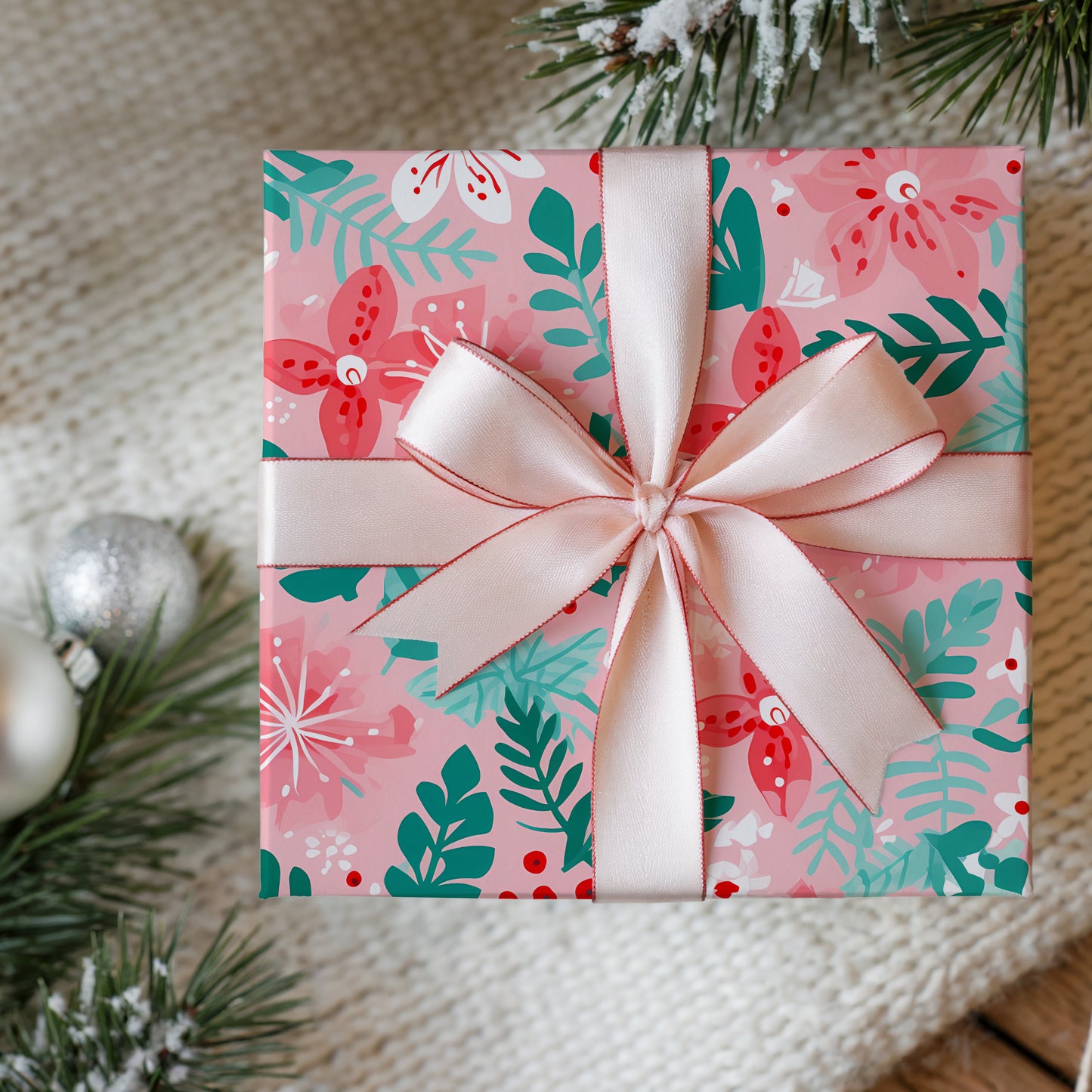 Cozy Christmas Pink, Red and Green Floral Poinsettia and Fir Gift Wrapping Paper Sheets