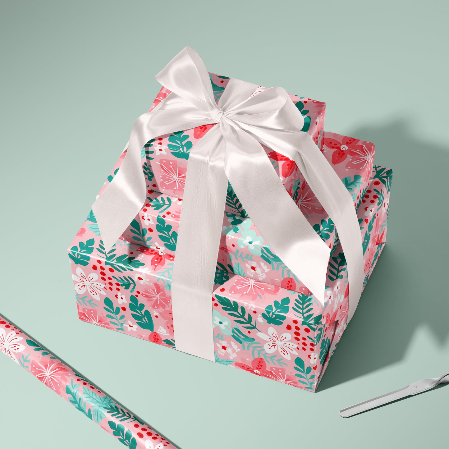 Cozy Christmas Pink, Red and Green Floral Poinsettia and Fir Gift Wrapping Paper Sheets