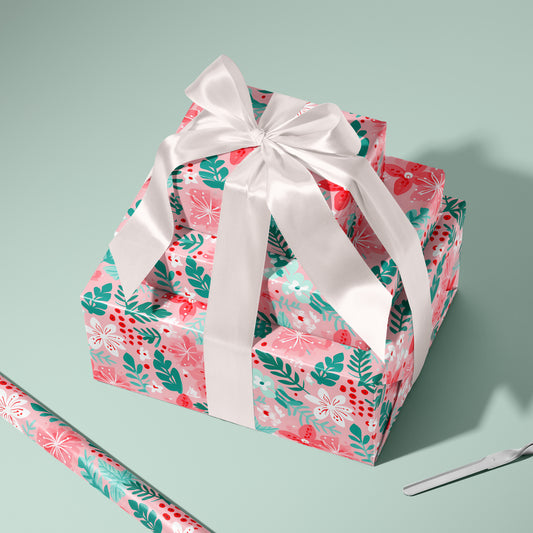 Cozy Christmas Pink, Red and Green Floral Poinsettia and Fir Gift Wrapping Paper Sheets