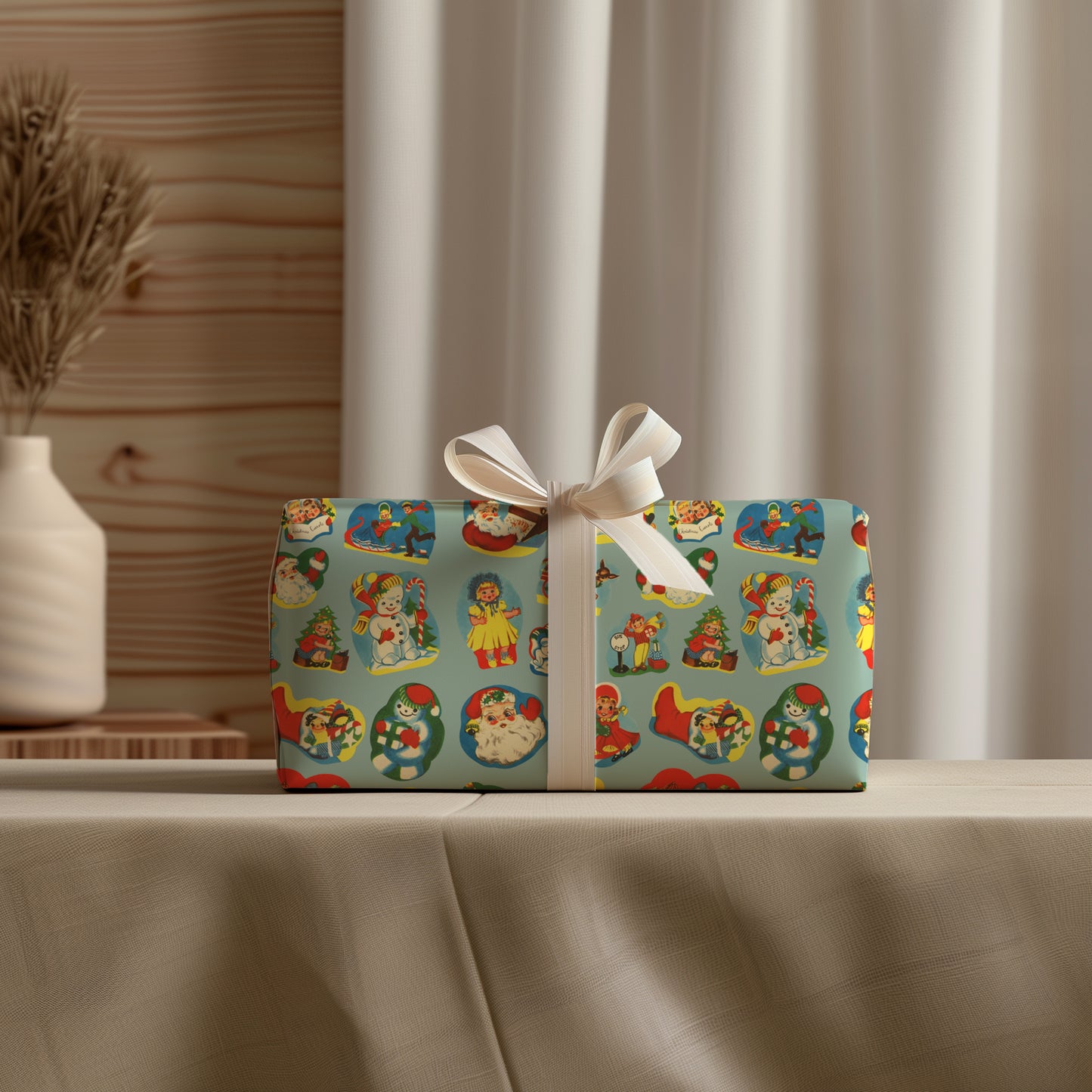 Vintage Santa and Characters Nostalgic Christmas Gift Wrapping Paper Sheets