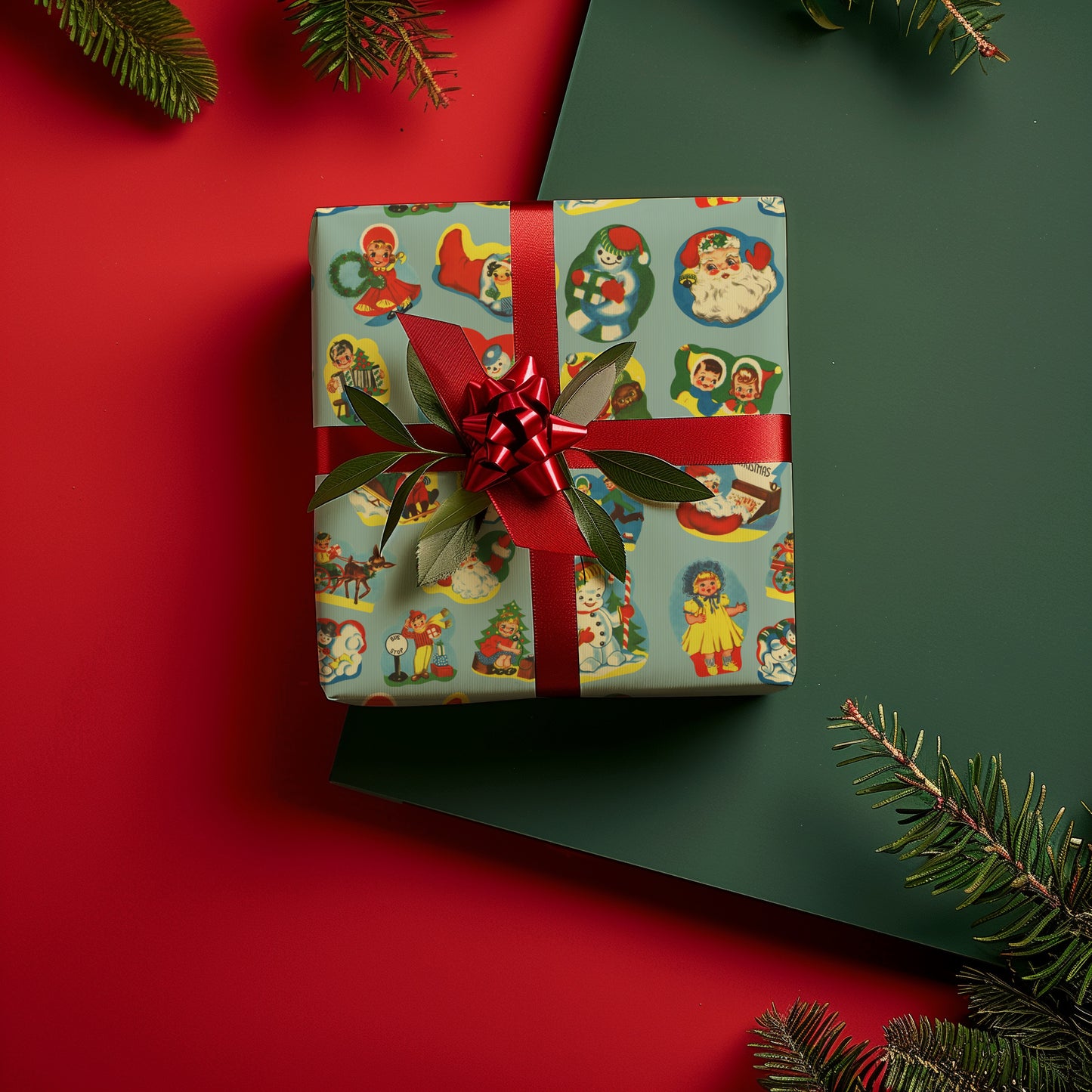 Vintage Santa and Characters Nostalgic Christmas Gift Wrapping Paper Sheets