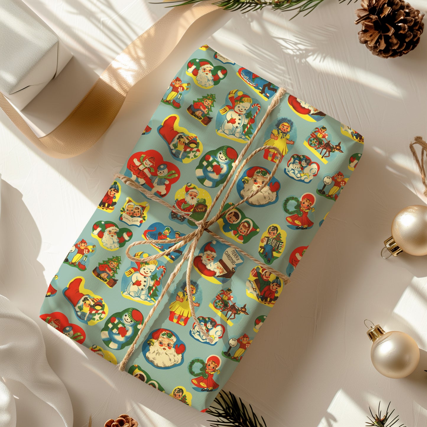 Vintage Santa and Characters Nostalgic Christmas Gift Wrapping Paper Sheets