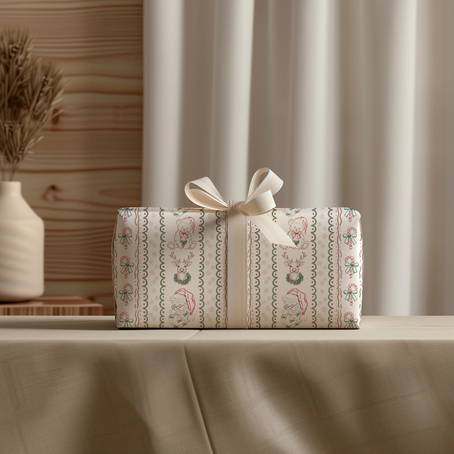 Rustic Christmas Santa and Friends Simple Doodle Gift Wrapping Paper Sheets