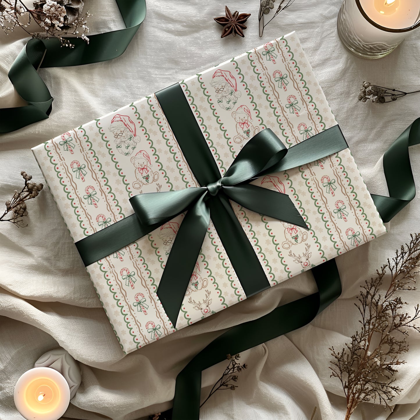 Rustic Christmas Santa and Friends Simple Doodle Gift Wrapping Paper Sheets