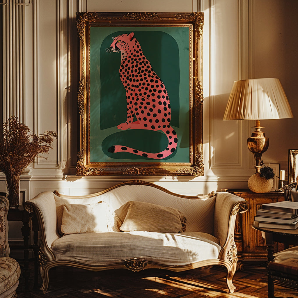 Pink Cheetah on Emerald Green Background Matte Vertical Poster Art Print