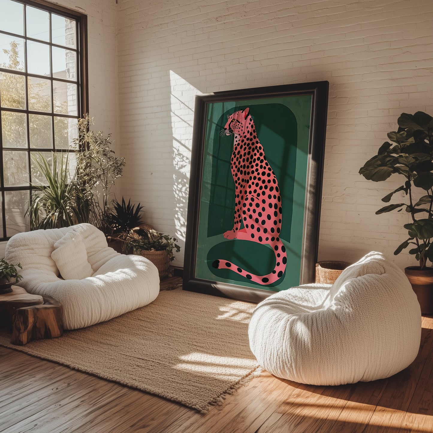 Pink Cheetah on Emerald Green Background Matte Vertical Poster Art Print