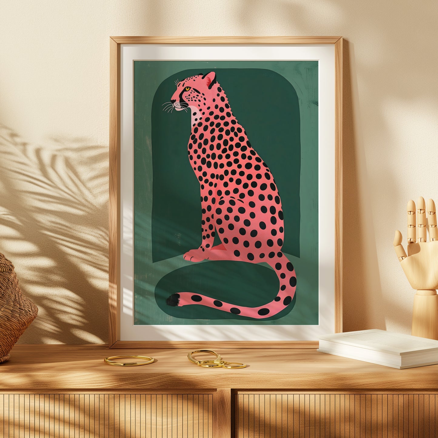 Pink Cheetah on Emerald Green Background Matte Vertical Poster Art Print