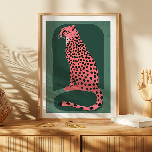 Pink Cheetah on Emerald Green Background Matte Vertical Poster Art Print