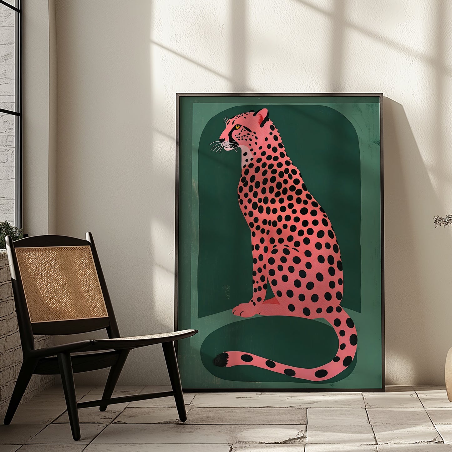 Pink Cheetah on Emerald Green Background Matte Vertical Poster Art Print