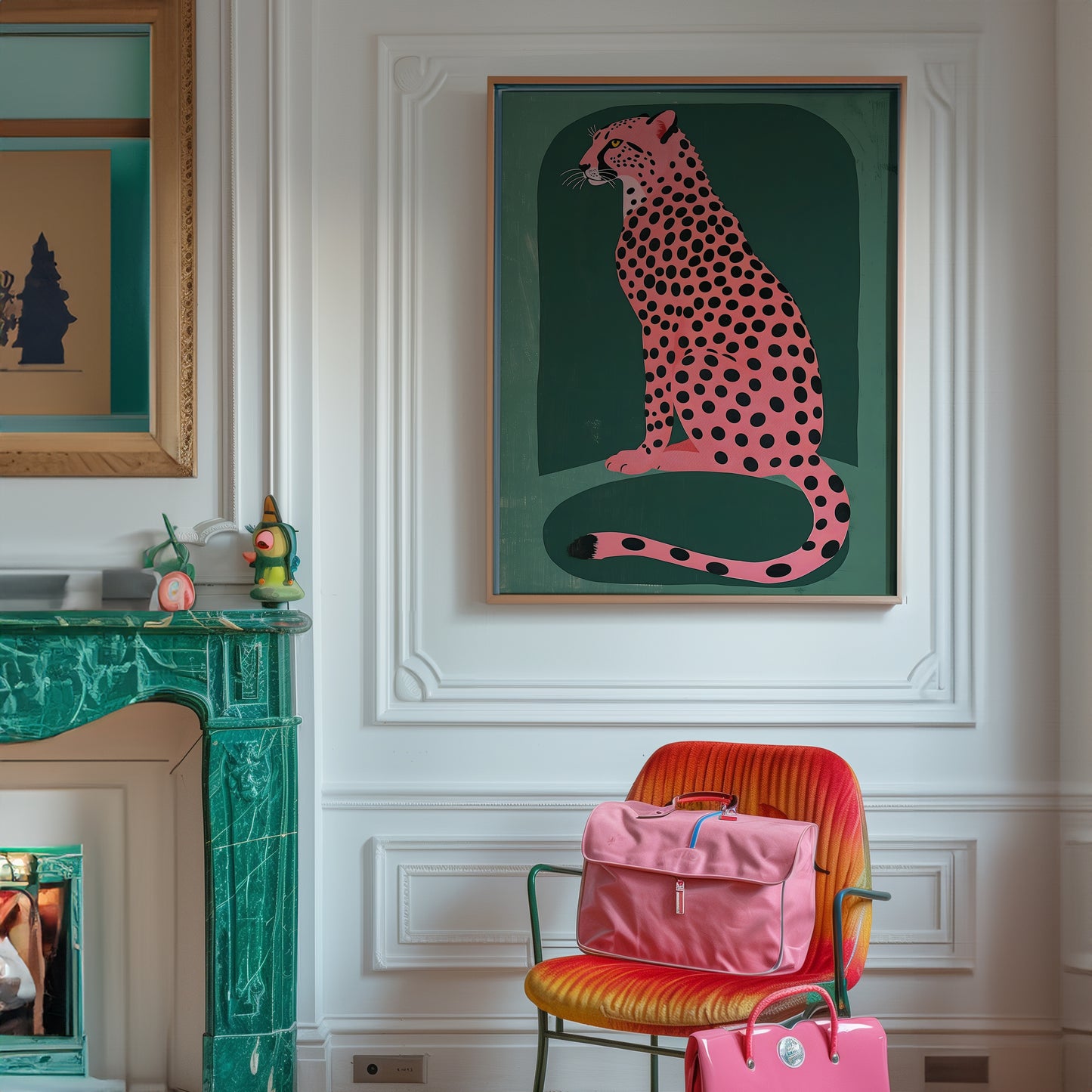 Pink Cheetah on Emerald Green Background Matte Vertical Poster Art Print