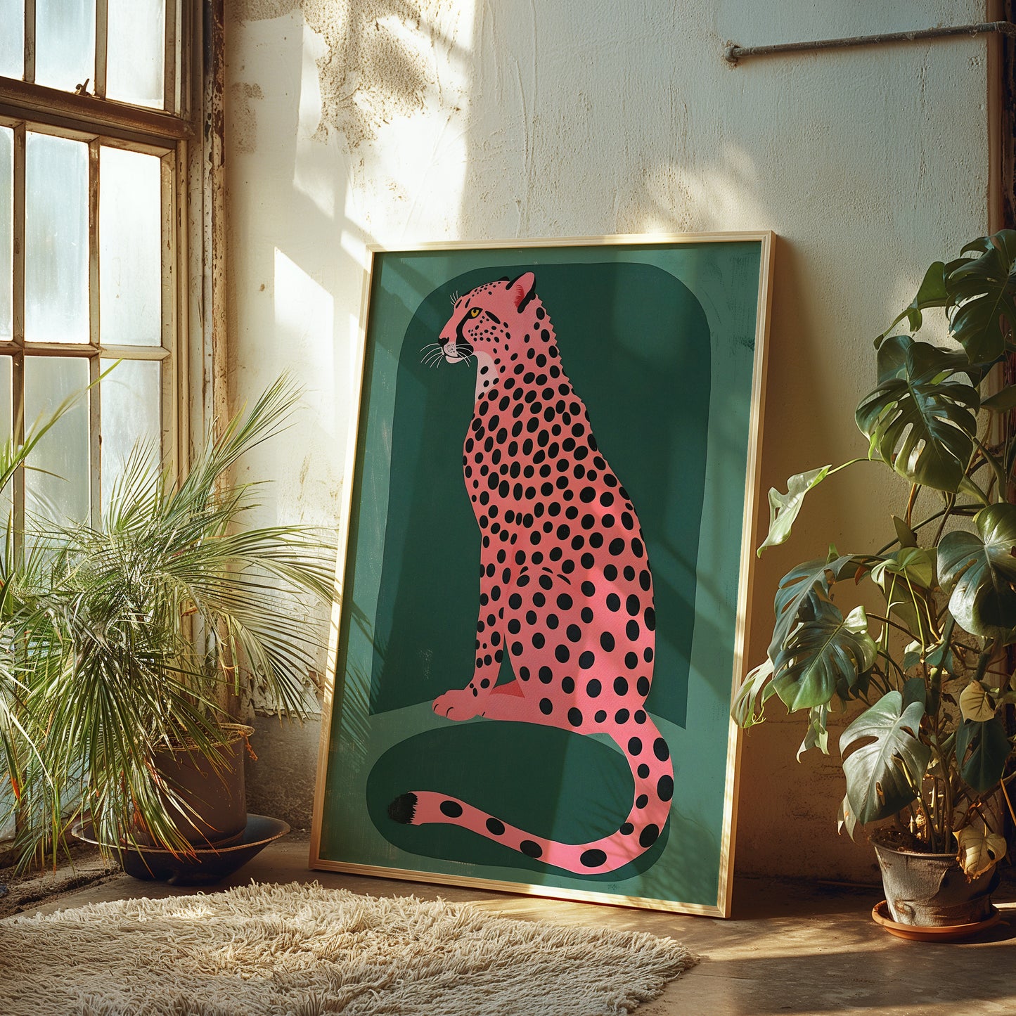 Pink Cheetah on Emerald Green Background Matte Vertical Poster Art Print