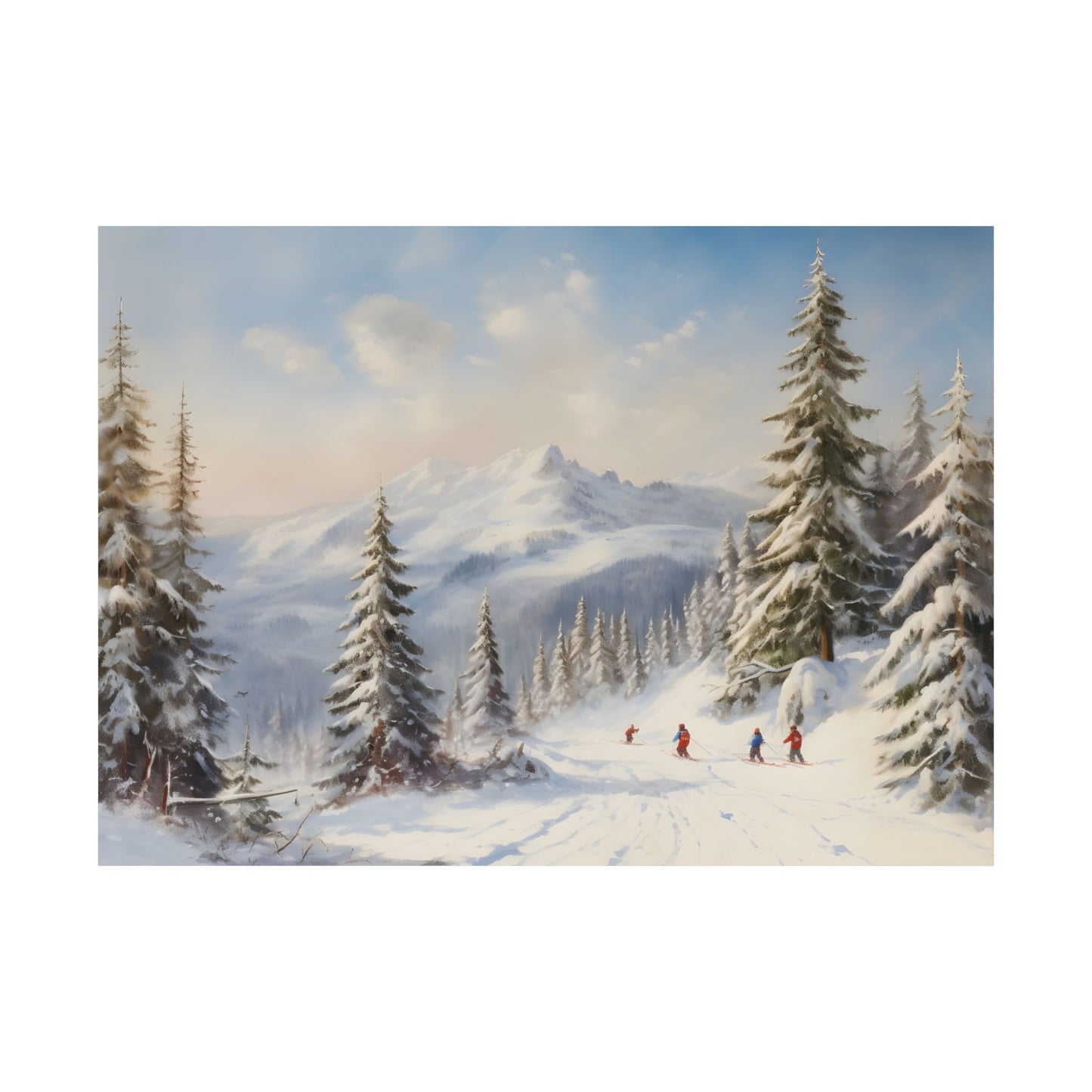 Skiing on the Snowy Mountain with Fir Trees Winter Scene Matte Horizontal Poster Art Print