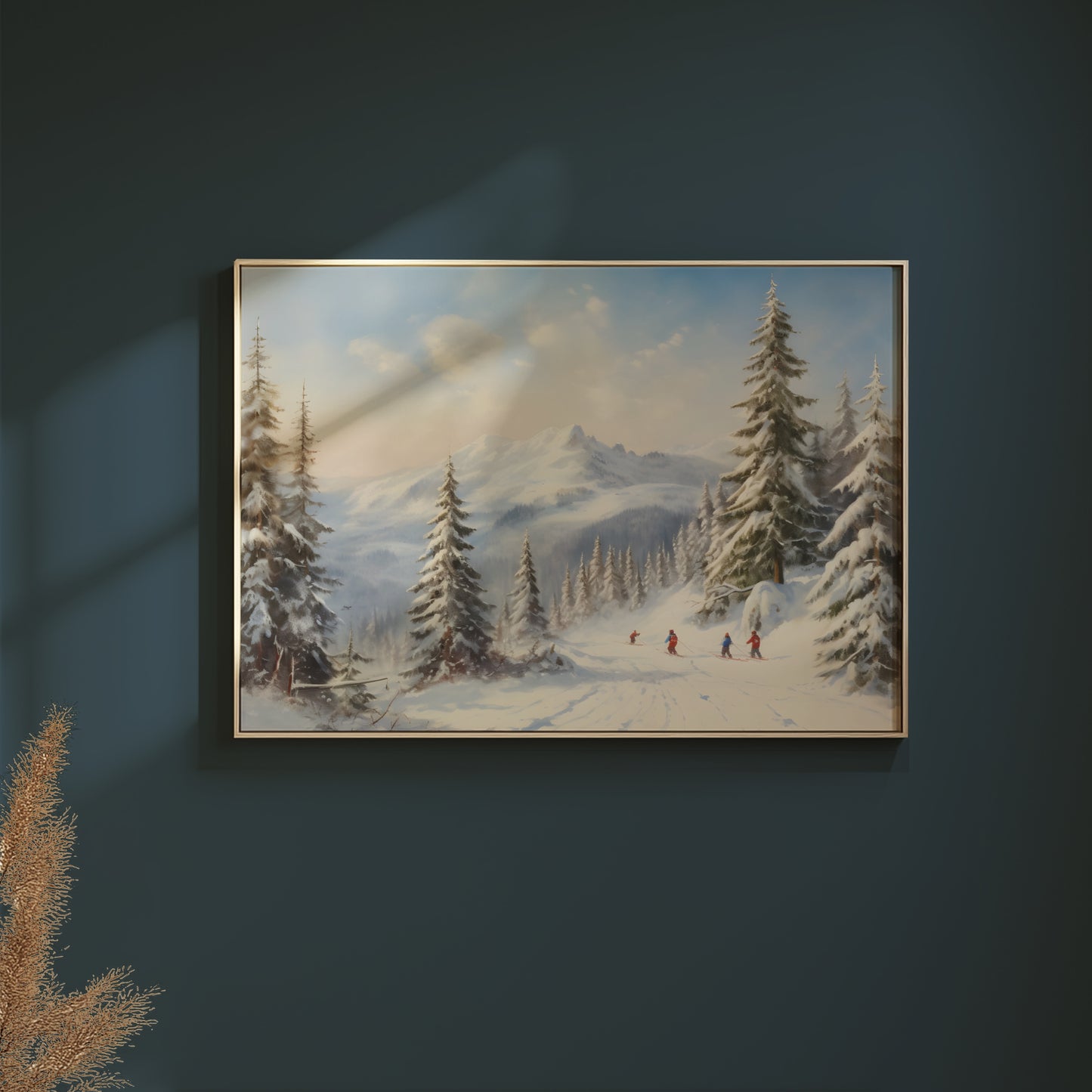 Skiing on the Snowy Mountain with Fir Trees Winter Scene Matte Horizontal Poster Art Print