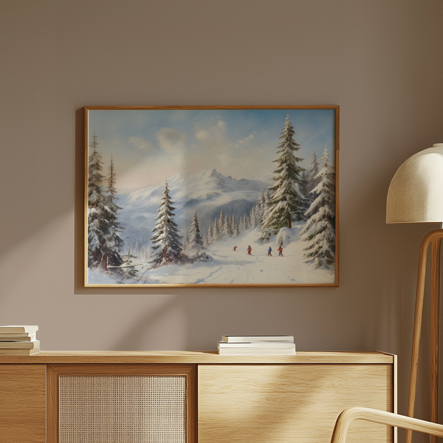 Skiing on the Snowy Mountain with Fir Trees Winter Scene Matte Horizontal Poster Art Print