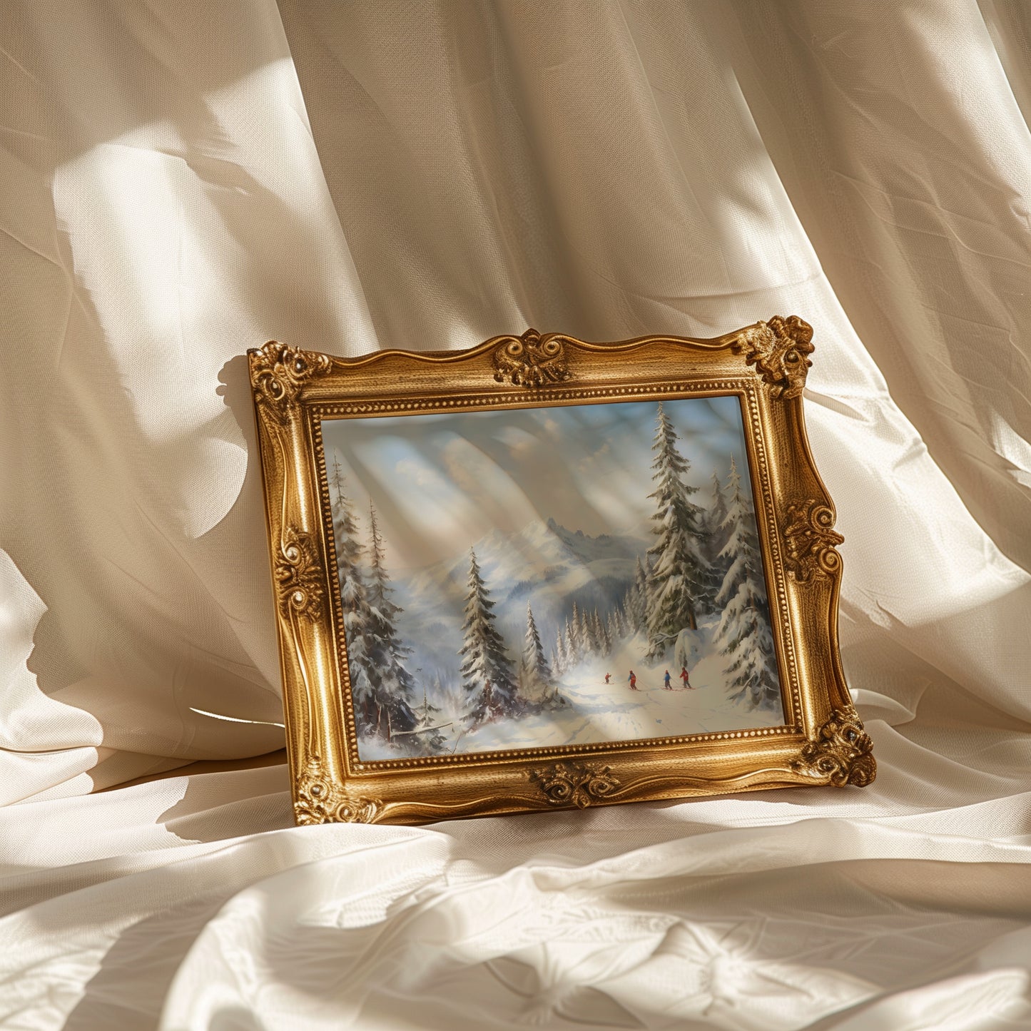 Skiing on the Snowy Mountain with Fir Trees Winter Scene Matte Horizontal Poster Art Print