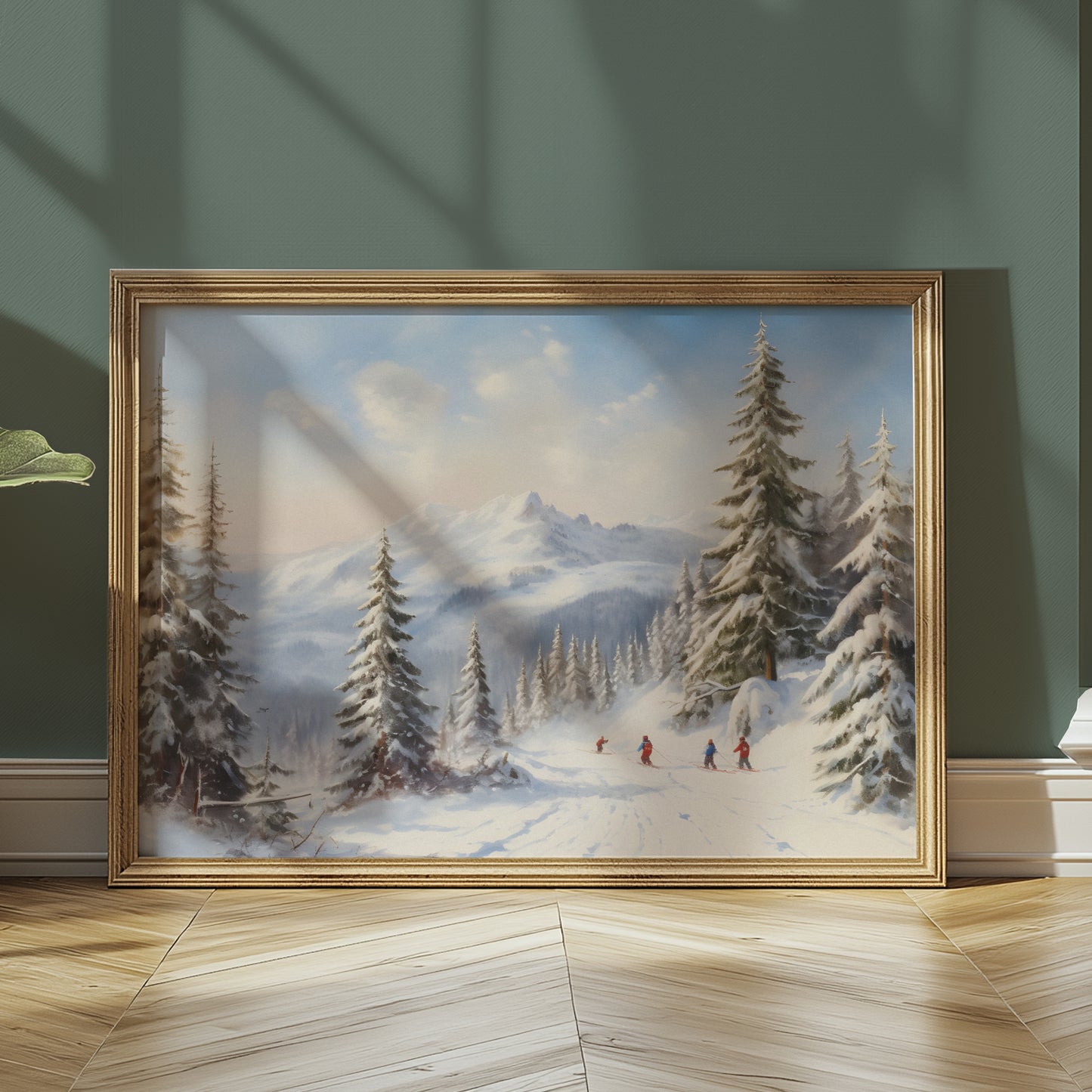Skiing on the Snowy Mountain with Fir Trees Winter Scene Matte Horizontal Poster Art Print
