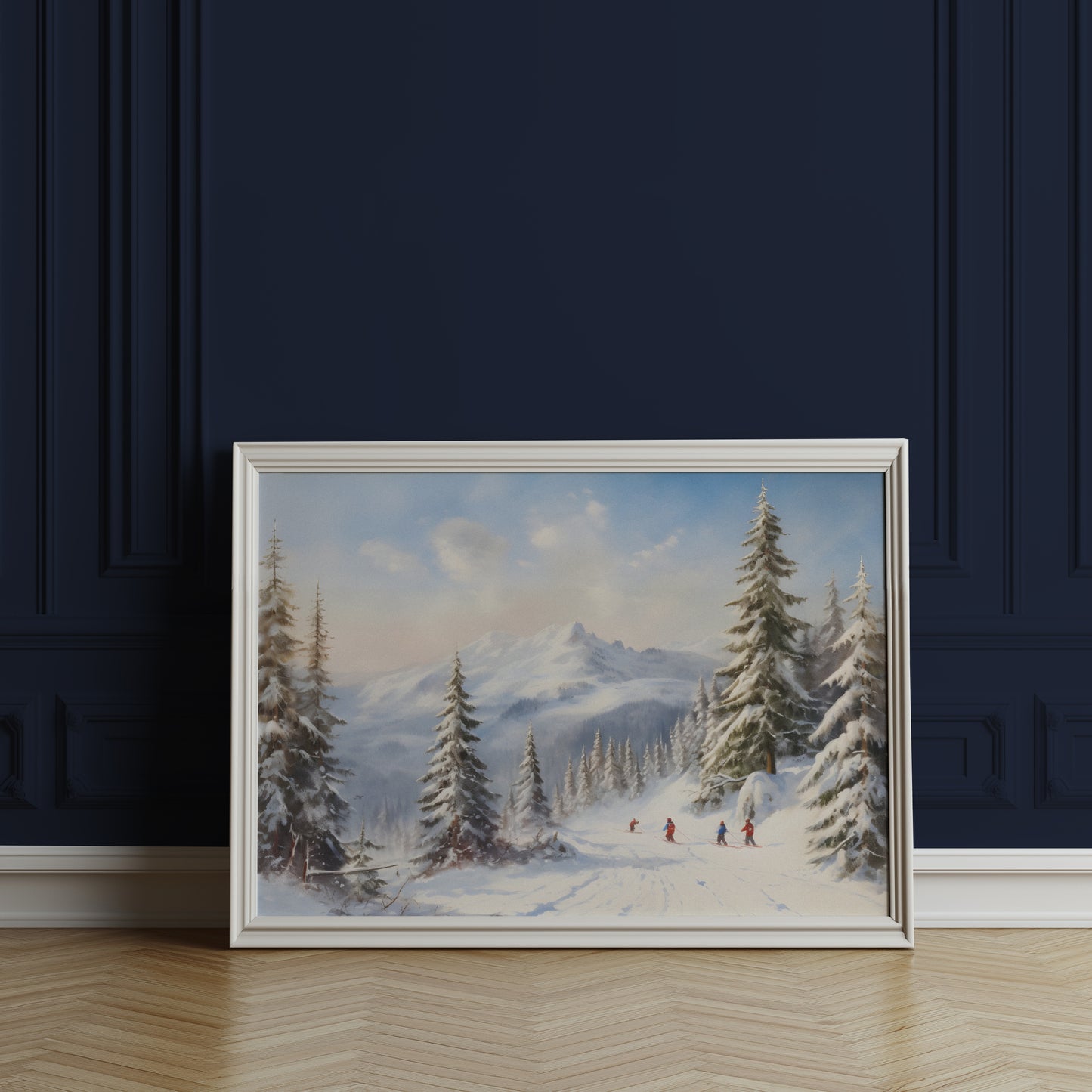 Skiing on the Snowy Mountain with Fir Trees Winter Scene Matte Horizontal Poster Art Print