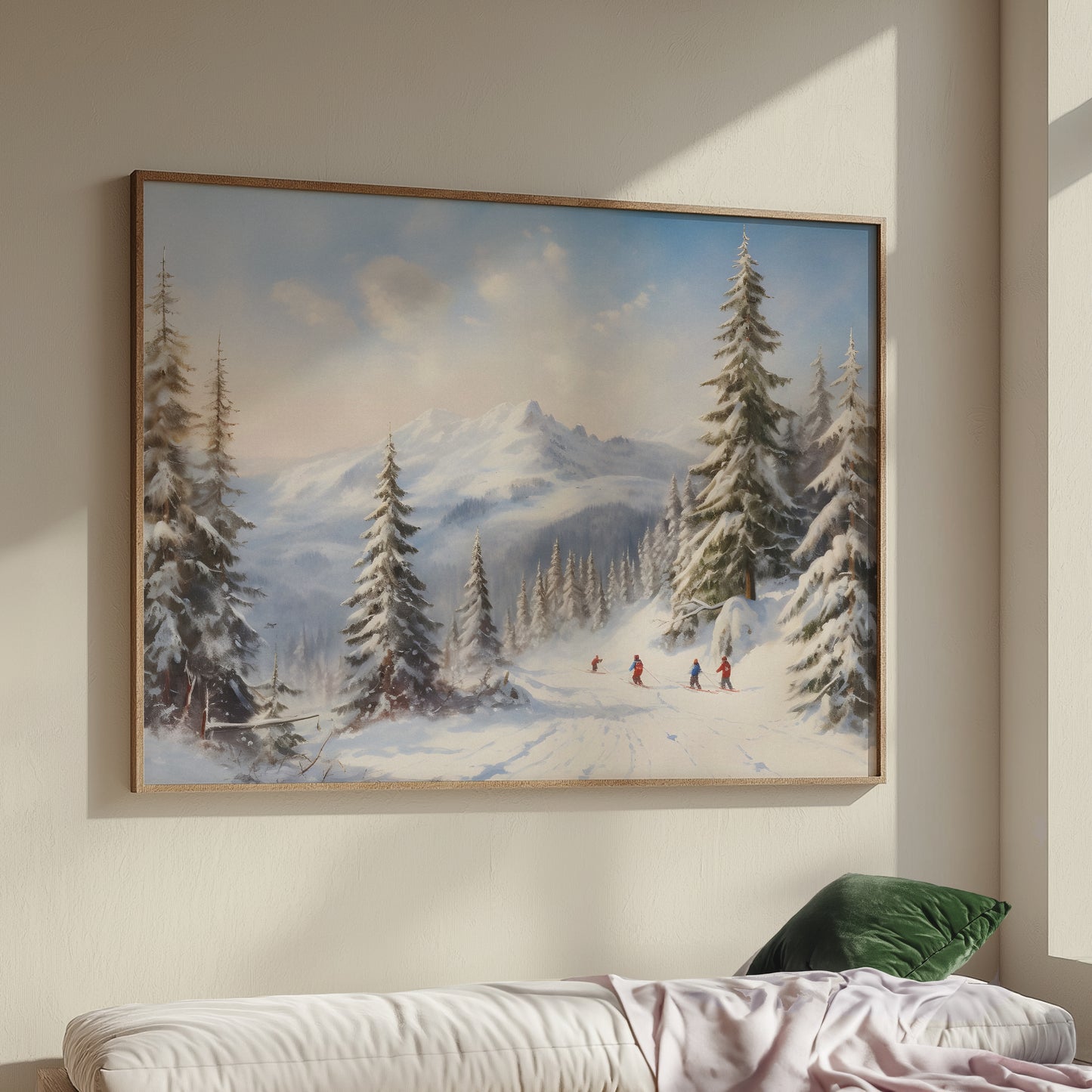 Skiing on the Snowy Mountain with Fir Trees Winter Scene Matte Horizontal Poster Art Print