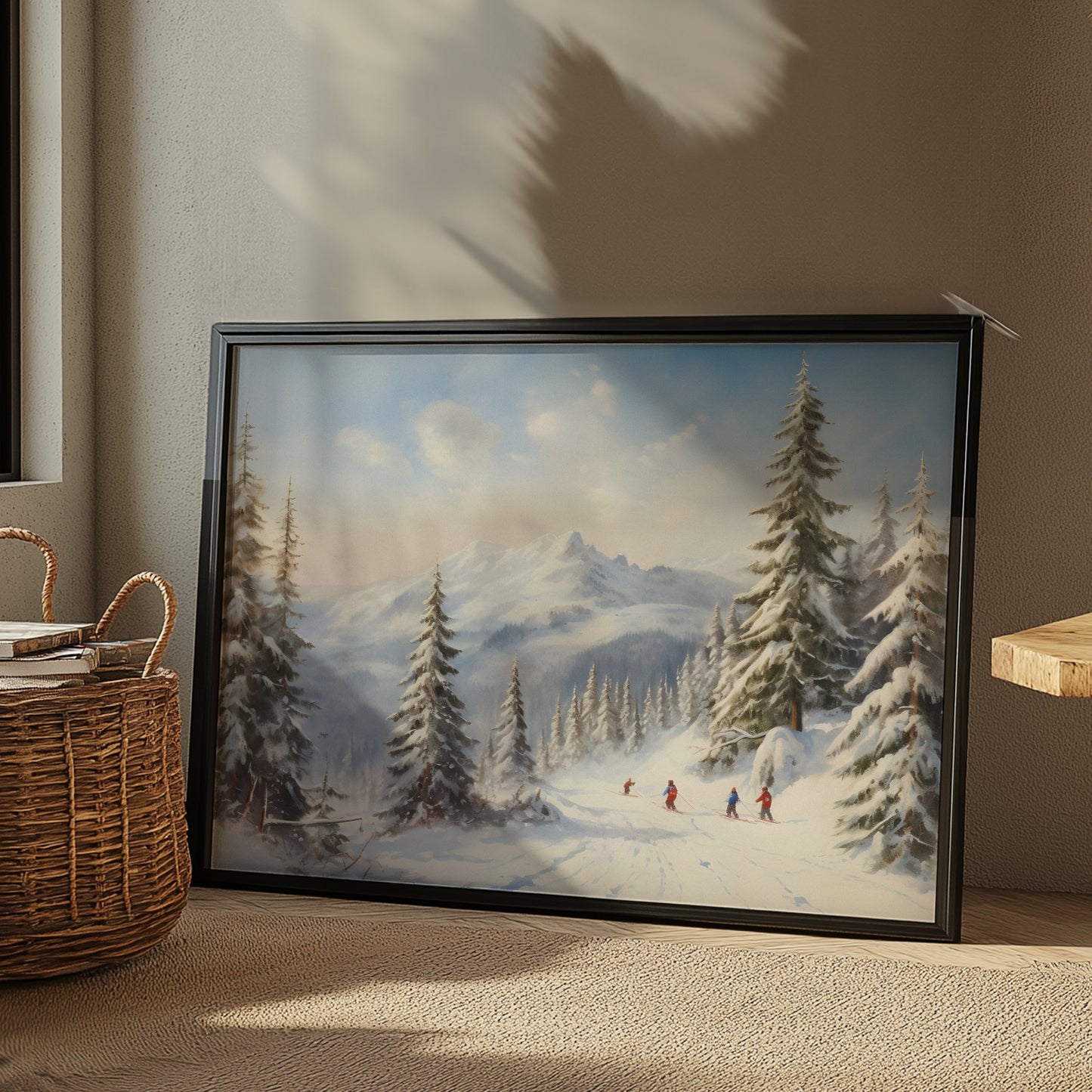 Skiing on the Snowy Mountain with Fir Trees Winter Scene Matte Horizontal Poster Art Print