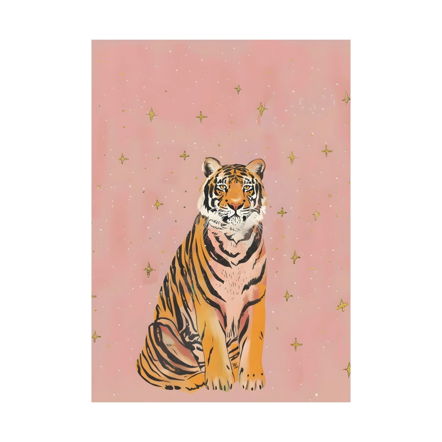Pink Sparkle Star Tiger with Gold Stars Matte Vertical Poster Art Print